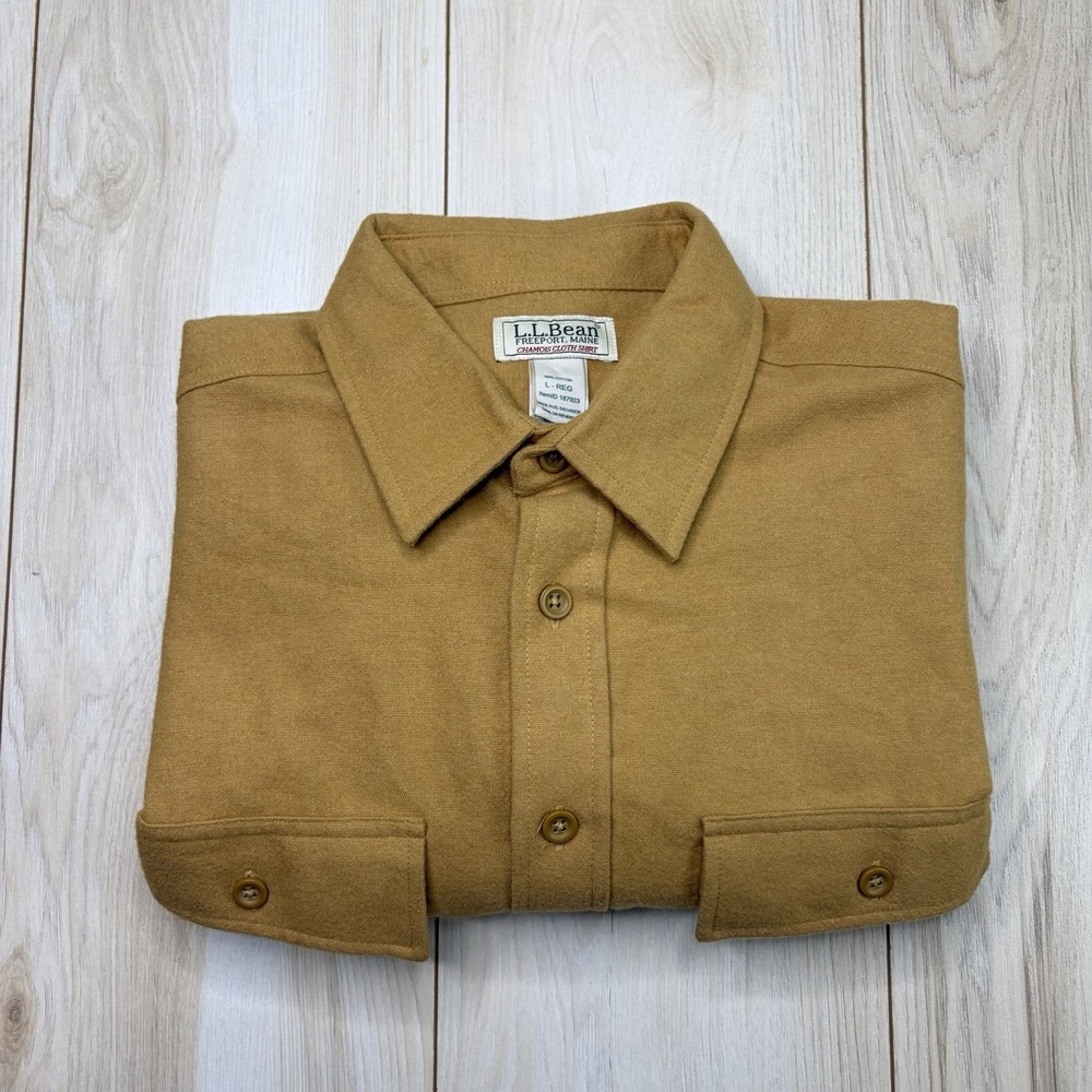 LL Bean Chamois Shirt Mens Mustard Yellow Button Down Shirt Large Pockets